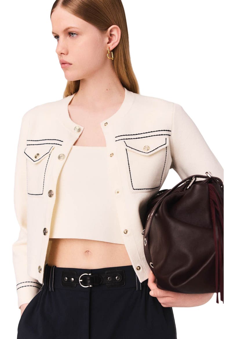 Topstitched cropped cardigan, Alternate, color, Ecru