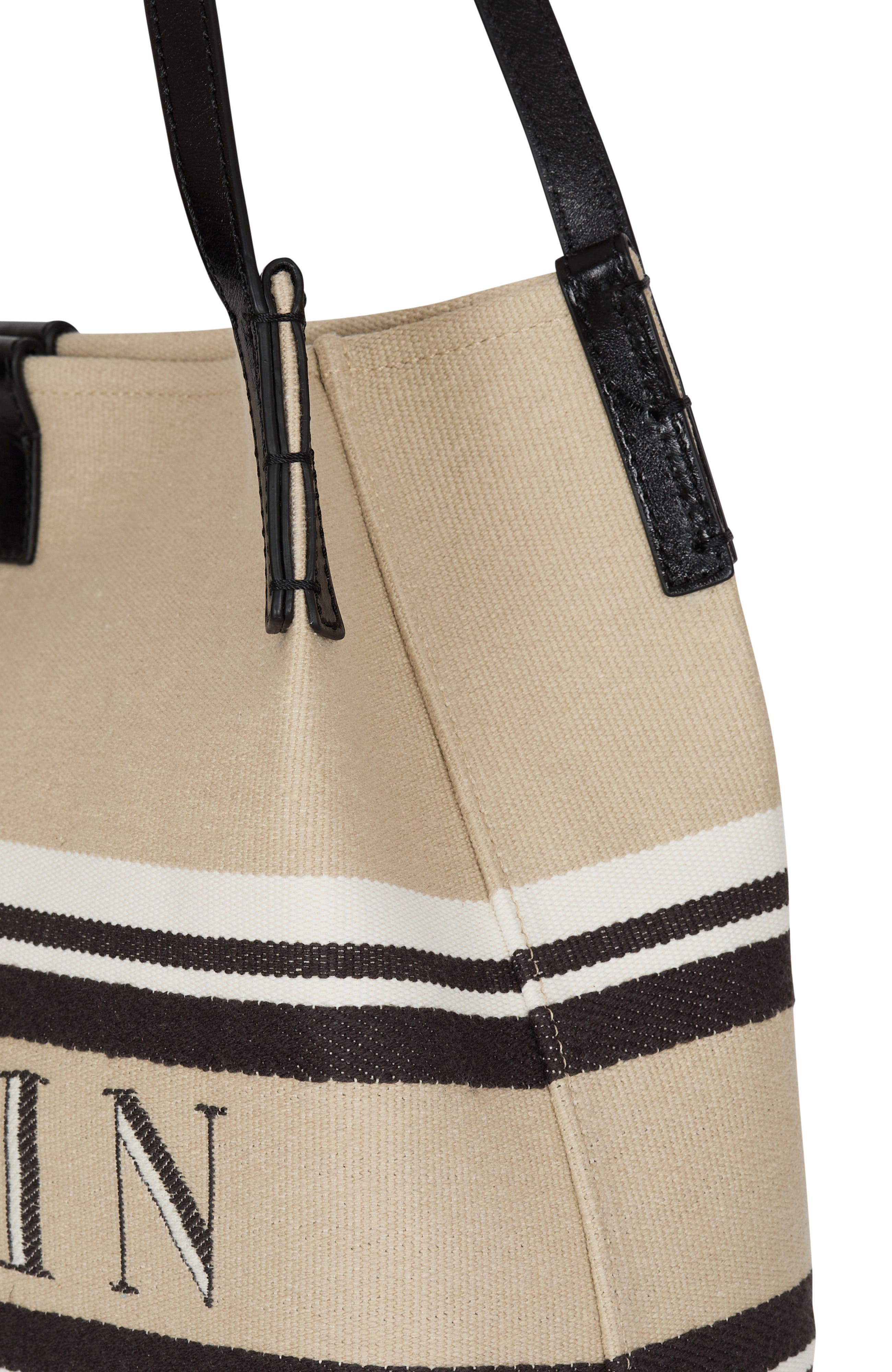 Balmain Medium Release Shopper bag in canvas and calfskin, Alternate, color, Beige