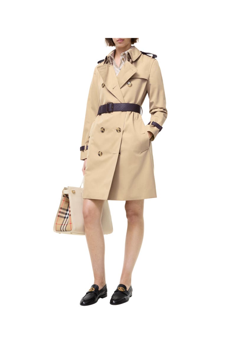 Burberry Mid-length Leather Trim Kensington Trench Coat, Alternate, color, Honey Beige