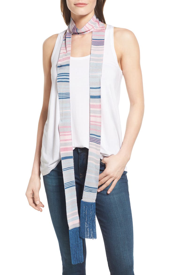 Stripe Fringe Skinny Scarf, Main, color, BLUE LIGHT COMBO