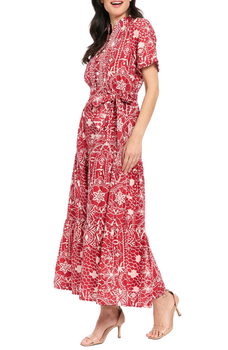 London Times Ruffle Tiered Tie Waist Maxi Dress, Alternate, color, Fiery Red/ Tint Of Pink