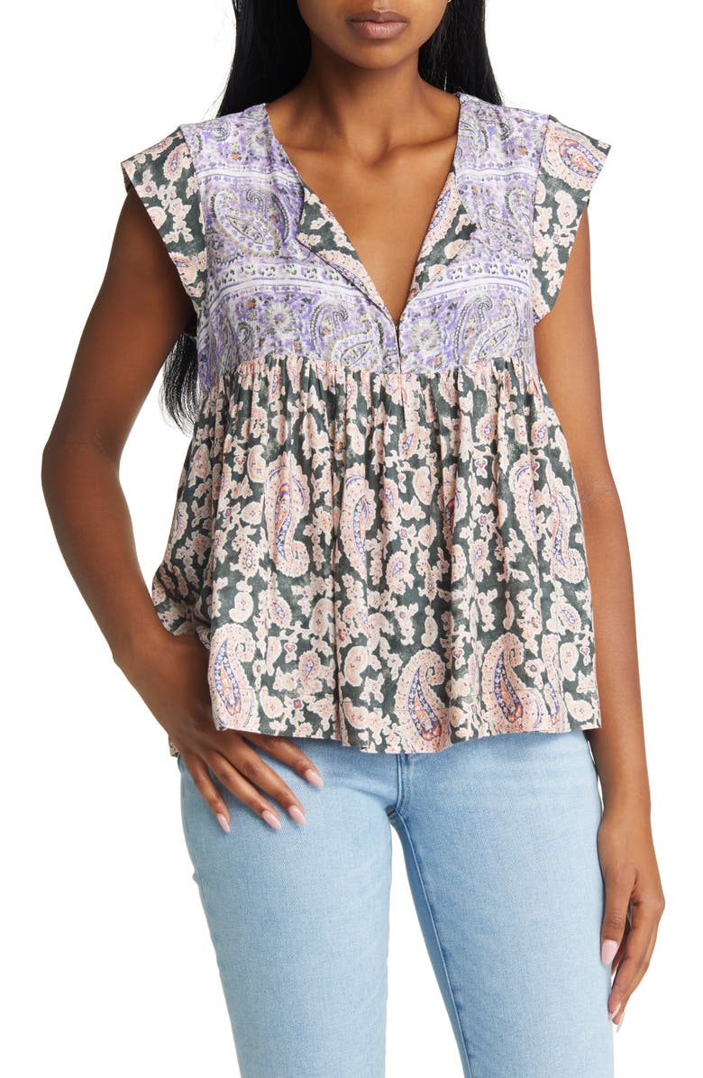 Lucky Brand Mix Print Flutter Sleeve Cotton Blend Top, Main, color,