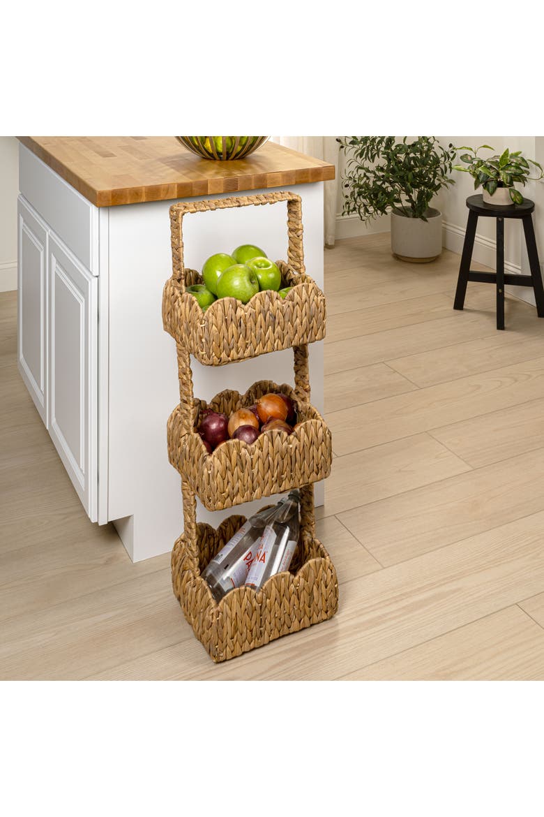 Terra Coastal Handwoven Water Hyacinth 3-Tier Scalloped Basket Freestanding Storage Tower Stand with Top Handle, Alternate, color, Natural