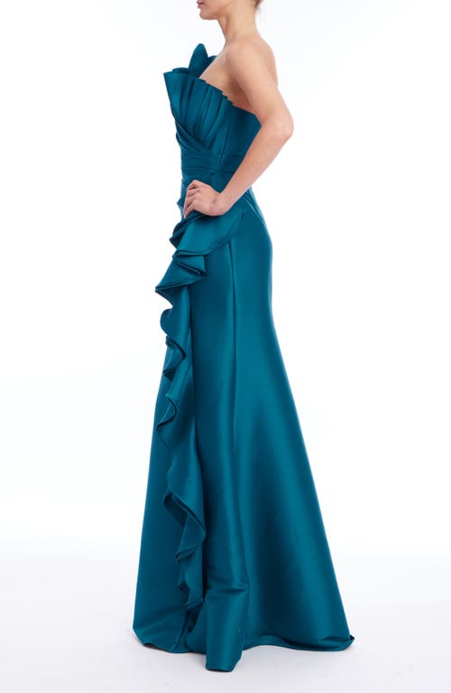 Badgley Mischka Collection Ruffle One-shoulder Mikado Mermaid Gown In Blue