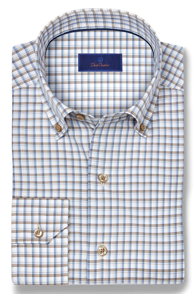 Check Cotton Twill Button-Down Shirt, Alternate, color, DUNE/ BLUE