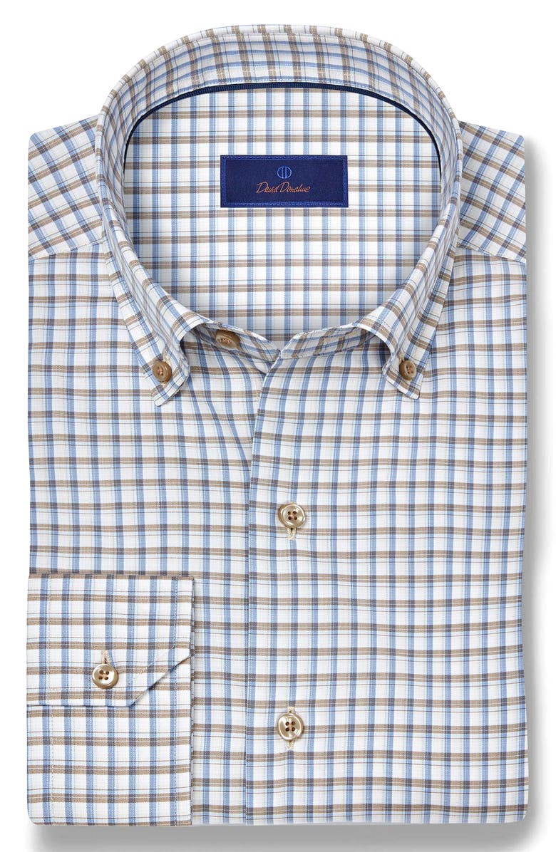 David Donahue Check Cotton Twill Button-Down Shirt, Alternate, color, Dune/ Blue