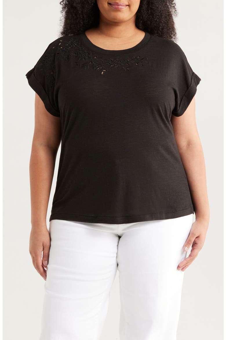 Embroidered Eyelet Cap Sleeve T-Shirt, Main, color, BLACK