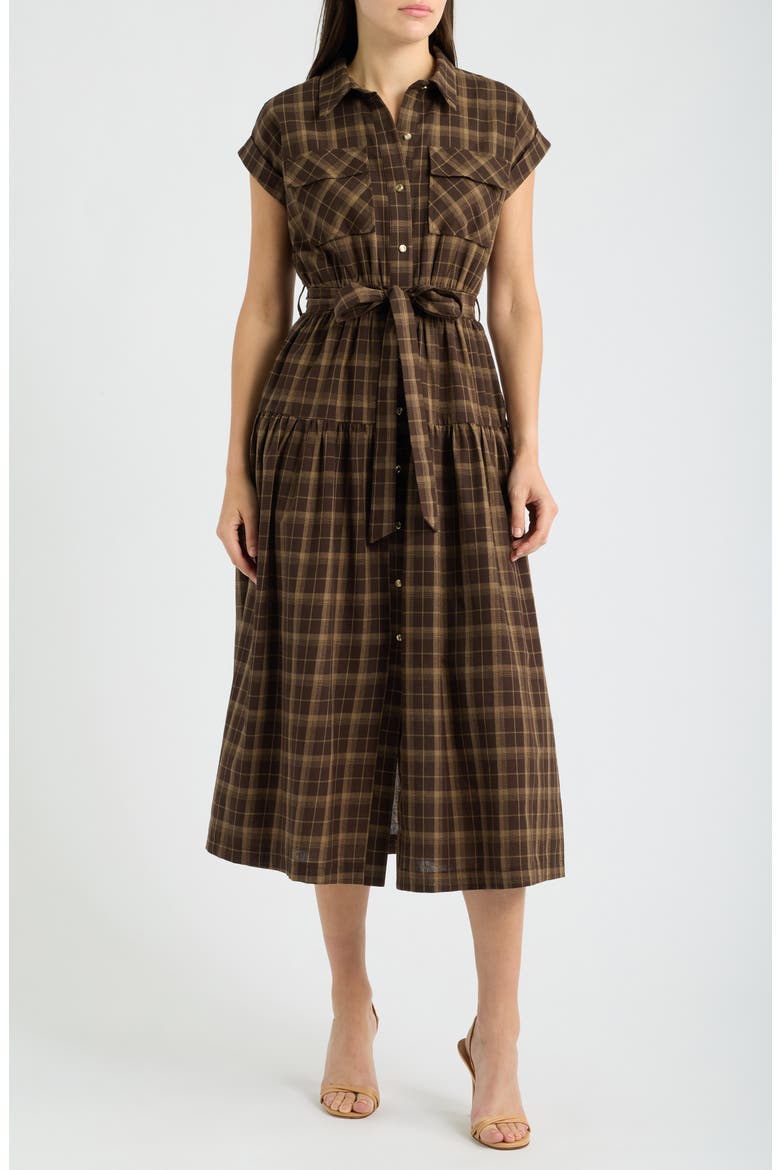 Plaid Maxi Shirtdress, Main, color, BROWN PLAID