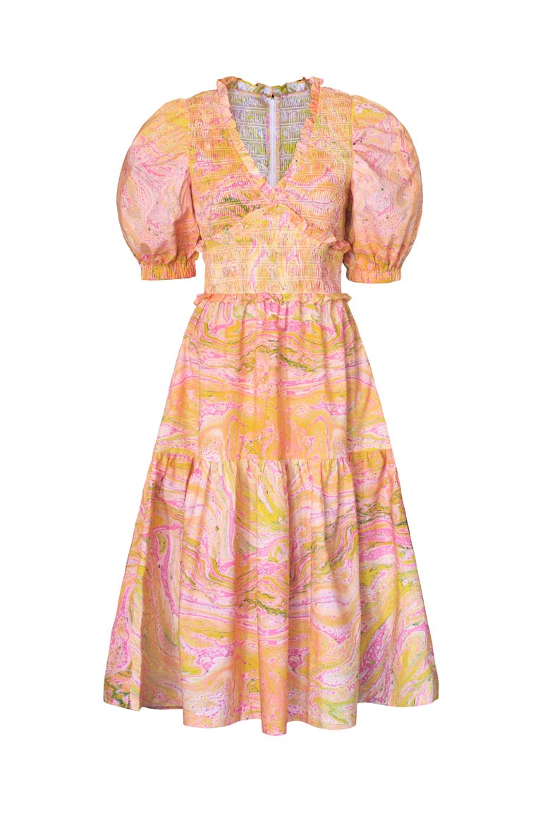 Astrid Marble Smocked Midi Dress, Alternate, color, pink