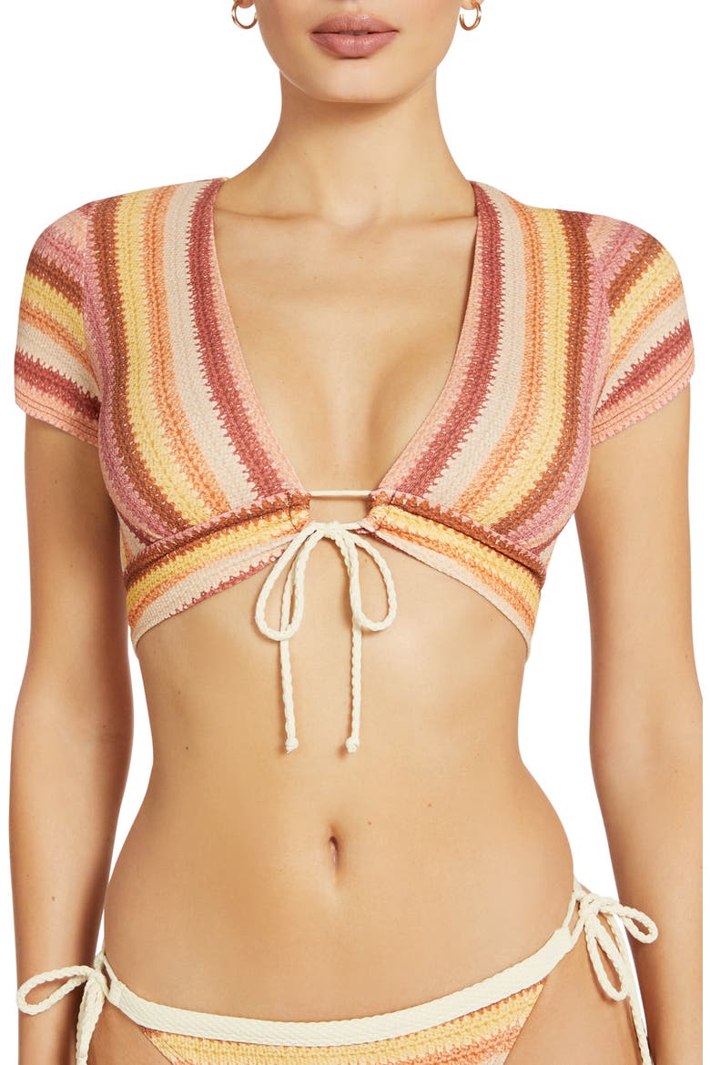 Lyra Stripe Cap Sleeve Bikini Top, Main, color, BLUSH