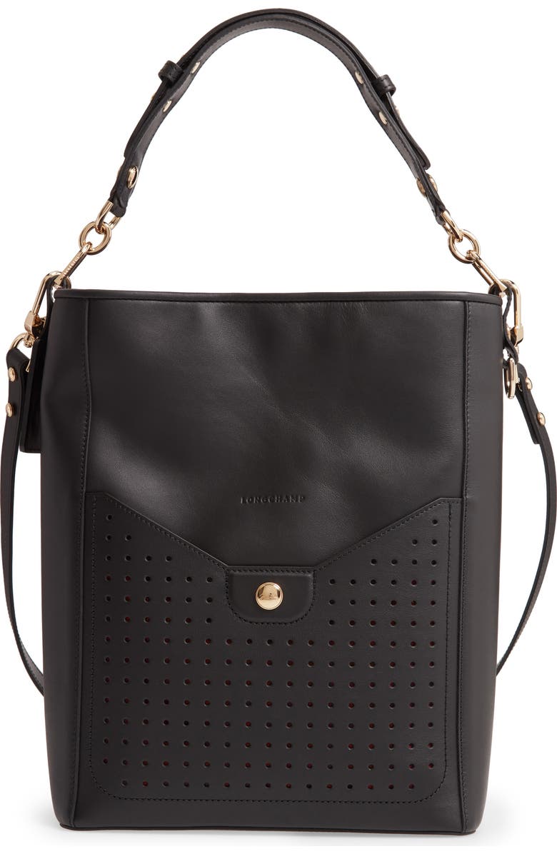 Longchamp Mademoiselle Perforated Calfskin Leather Bucket Bag, Main, color, Black