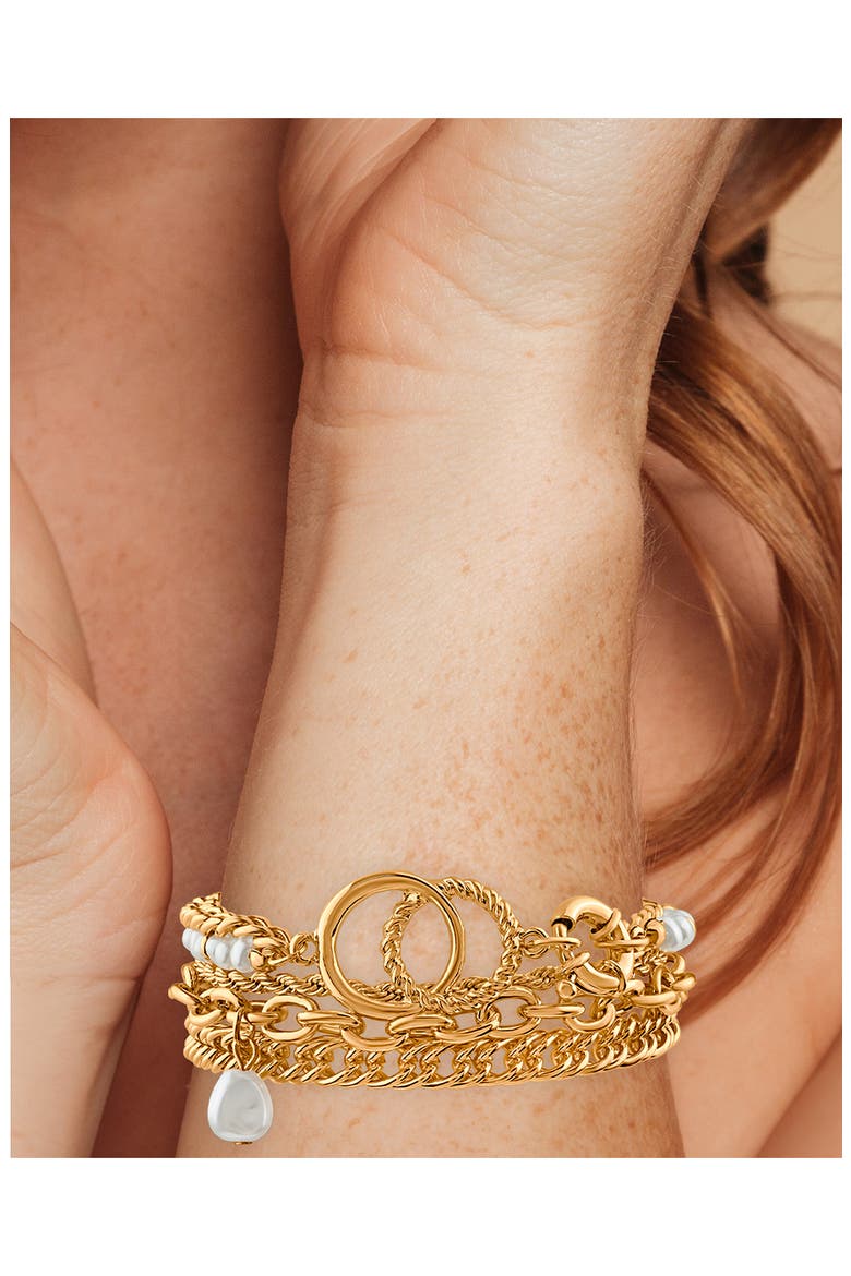 Imitation Pearl Mixed Chain Layered Bracelet, Alternate, color, WHITE/ GOLD