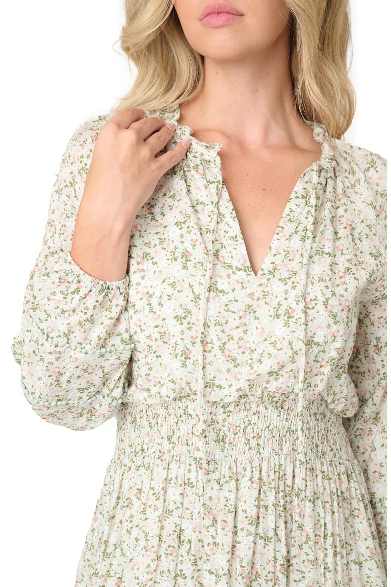 Wanderlust Pom Pom Trim Long Sleeve Dress, Alternate, color, SOFT SAGE FLORAL