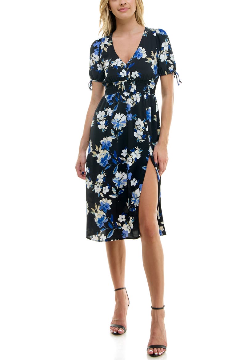 Puffy Sleeves Floral V-Neck Midi Dress, Alternate, color, BLACK FLORAL