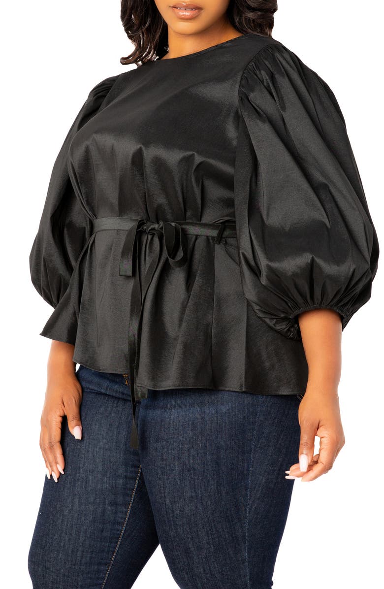 BUXOM COUTURE Tie Waist Voluminous Elbow Sleeve Taffeta Peplum Top, Alternate, color, Black