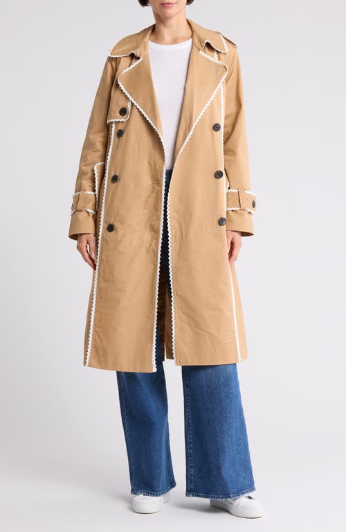 Avec Les Filles Lace Trim Double Breasted Cotton Trench Coat In Taupe