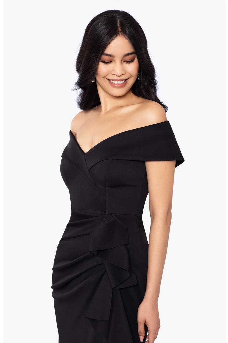 Off the Shoulder Ruffle Scuba Crepe Gown, Alternate, color, BLACK