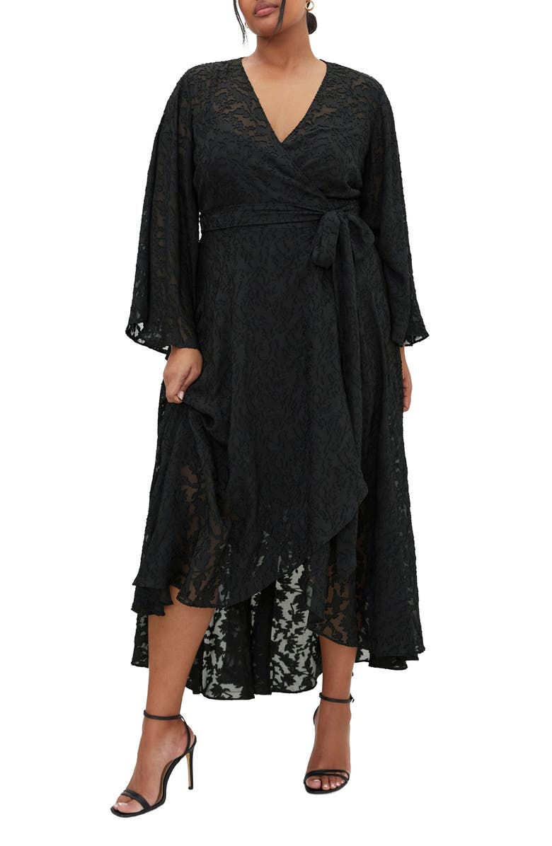 City Chic Fleetwood Jacquard Long Sleeve Wrap Maxi Dress, Main, color,