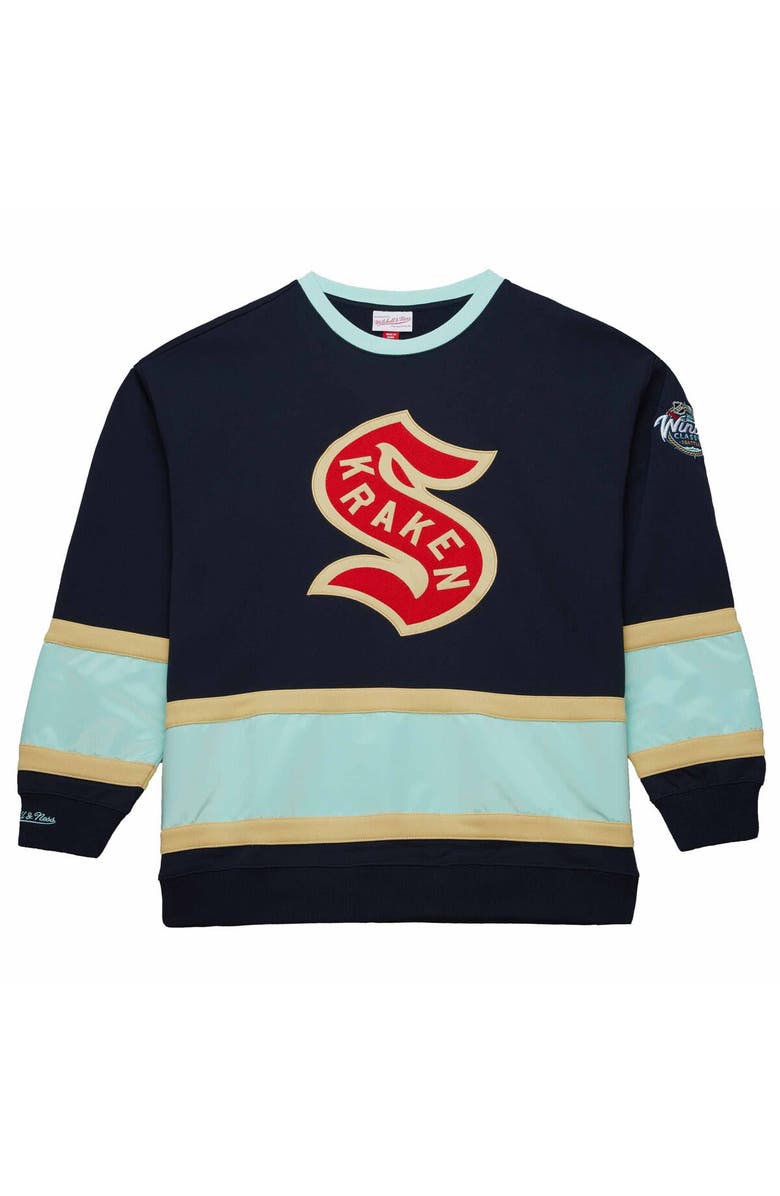 Mitchell & Ness Men's Mitchell & Ness Deep Sea Blue/Light Blue Seattle Kraken 2024 NHL Winter Classic Satin Insert Fleece Pullover Sweatshirt, Alternate, color, 