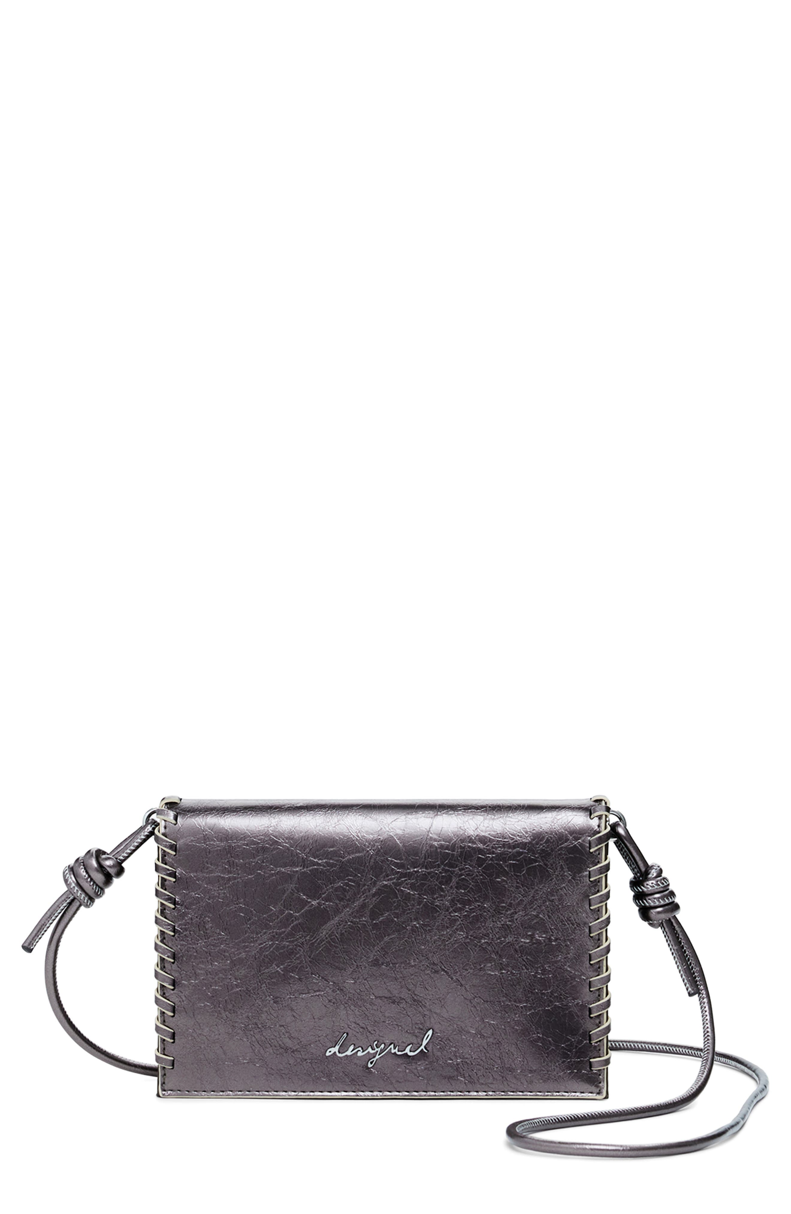 Desigual Metallic Faux Leather Crossbody Bag, Main, color, Silver