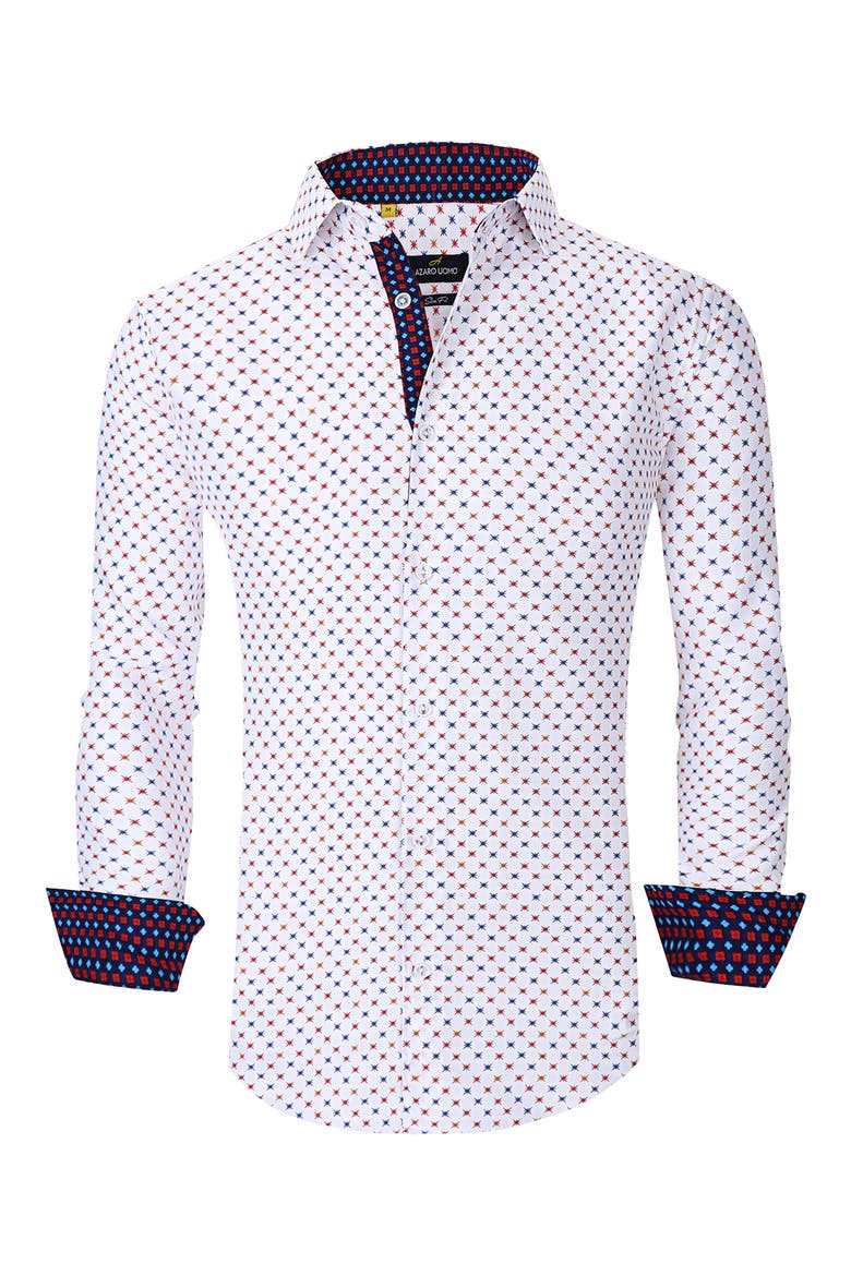Slim Fit Star Print Performance Button-Up Shirt, Alternate, color, WHITE