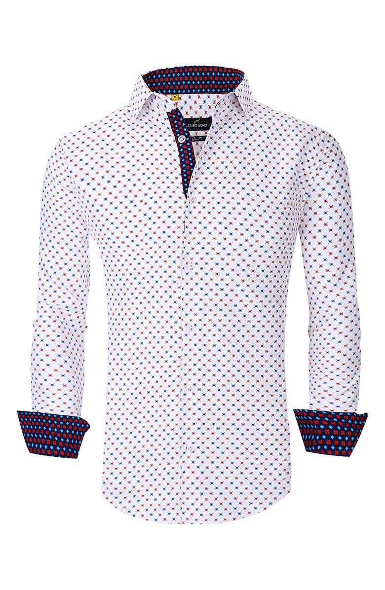 Azaro Uomo Slim Fit Star Print Performance Button-Up Shirt, Alternate, color, White
