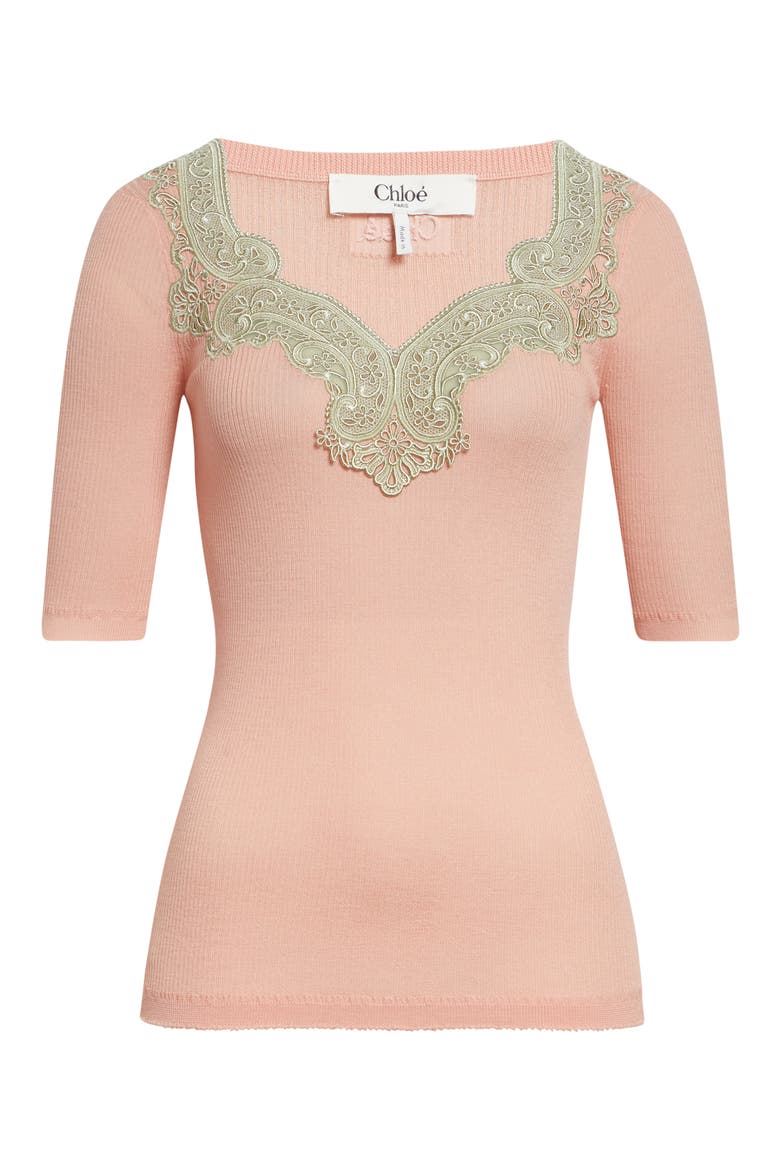Lace Trim Rib Wool Sweater, Alternate, color, TENDER PINK