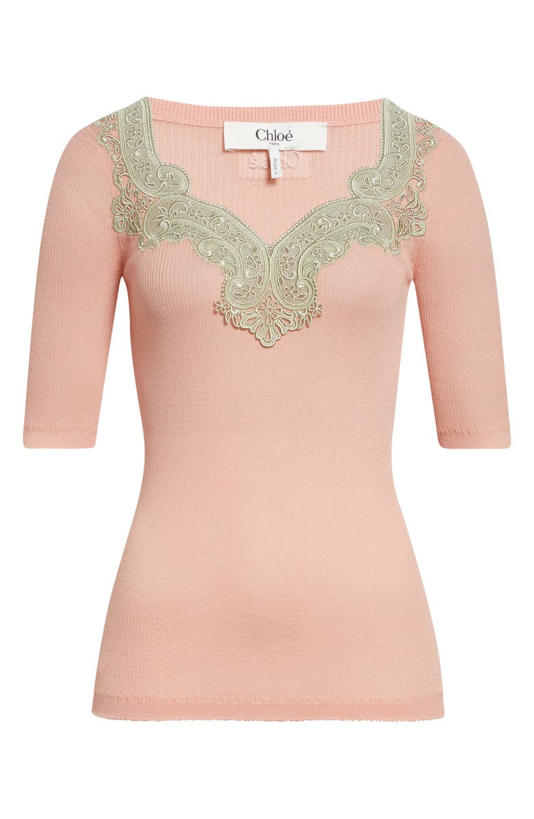 Chloé Lace Trim Rib Wool Sweater, Alternate, color, Tender Pink