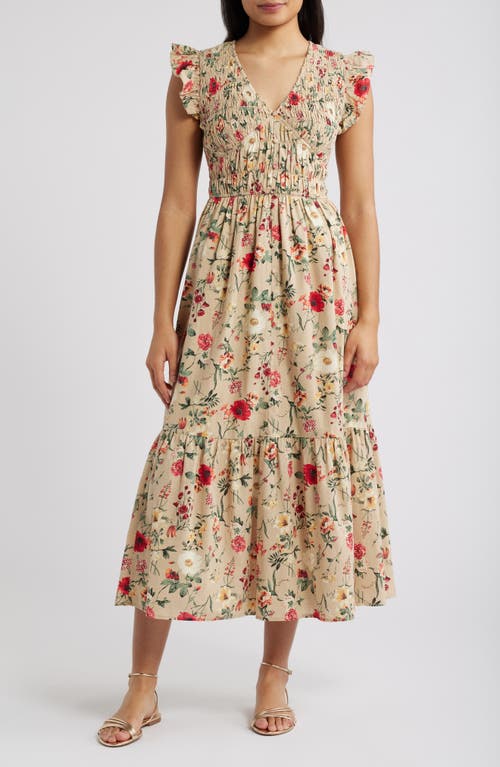 Zoe And Claire Floral Print Smocked Tiered Cotton Maxi Dress In Light Khaki Multi