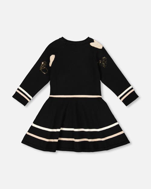 Deux Par Deux Knit Dress With Glittery Heart Motifs In Black