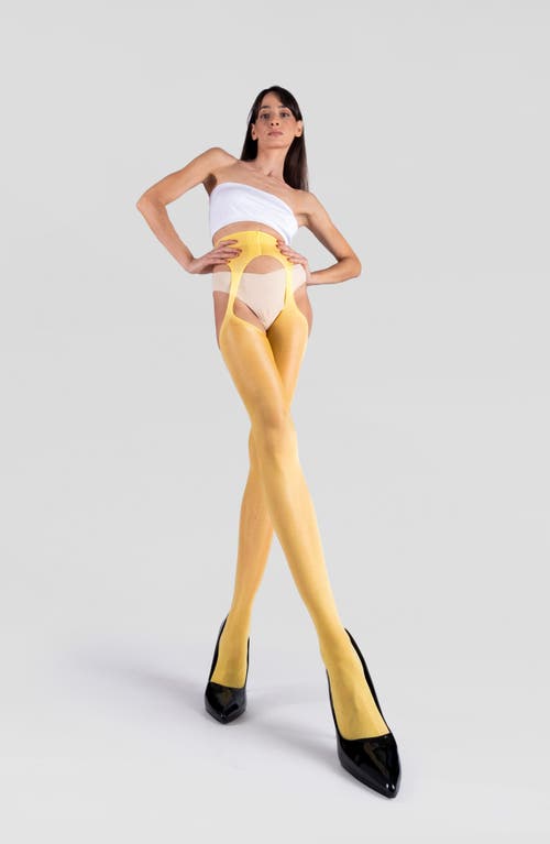 Lechery Women's Lustrous Silky Shiny Sheer Suspender Crotchless High-waist Pantyhose Tights In Yellow