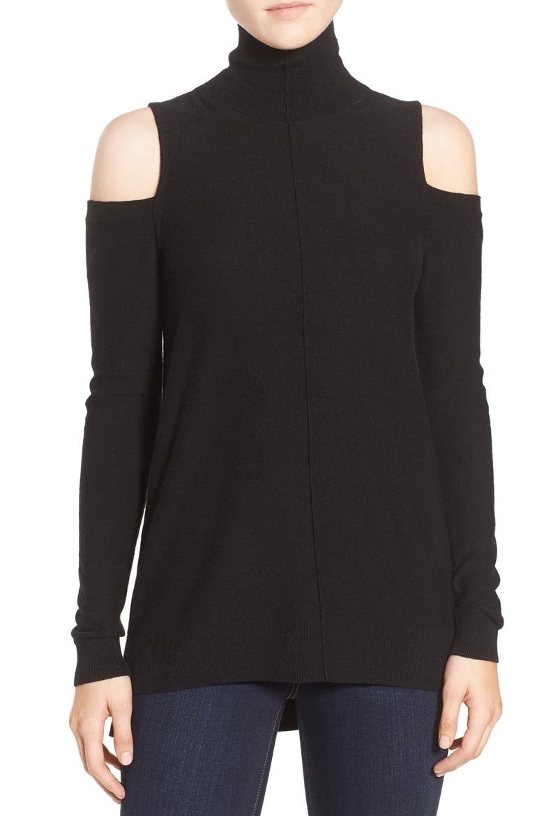 Funnel Neck Cold Shoulder Sweater, Main, color, BLACK