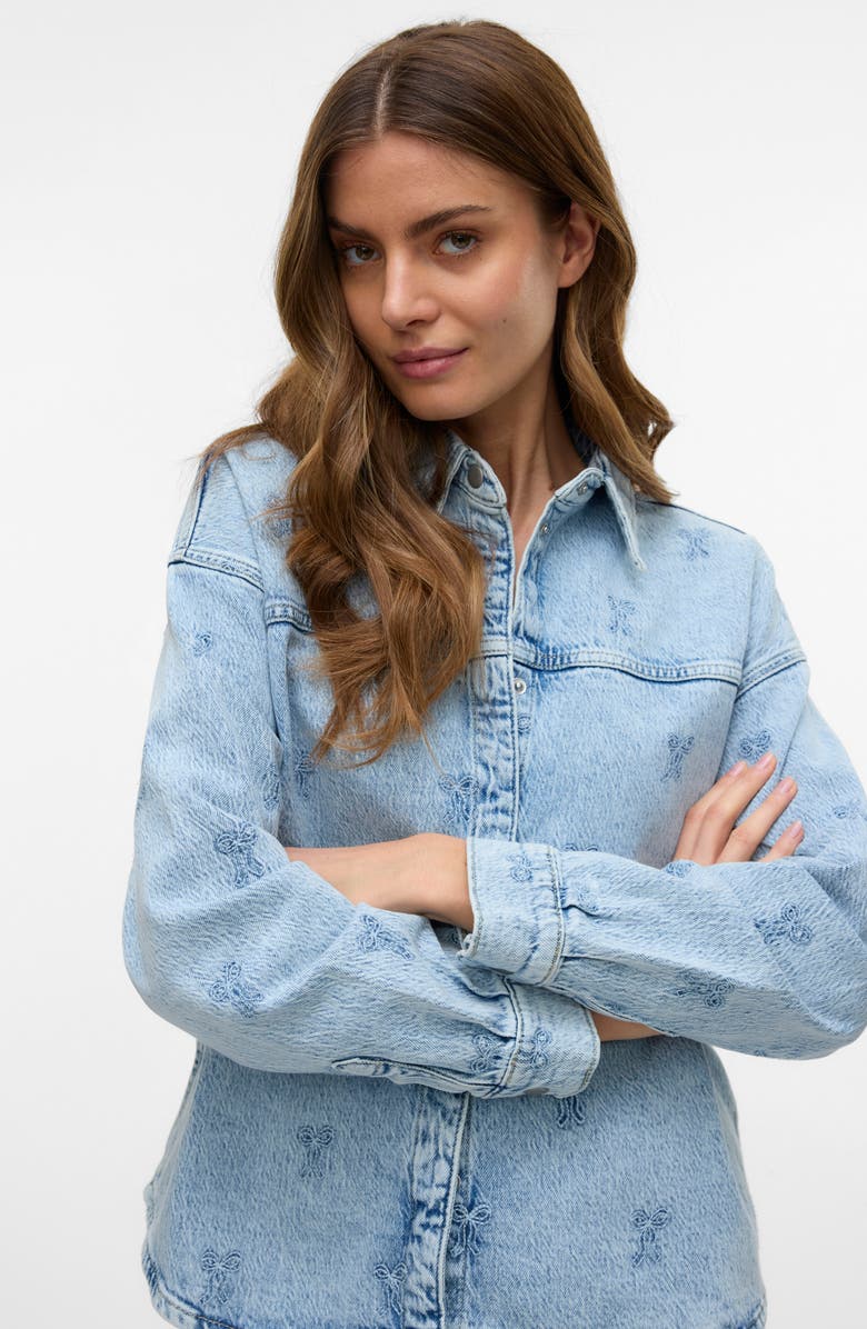 VERO MODA Embroidered Snap-Up Denim Shirt, Alternate, color, Light Blue Denim Det