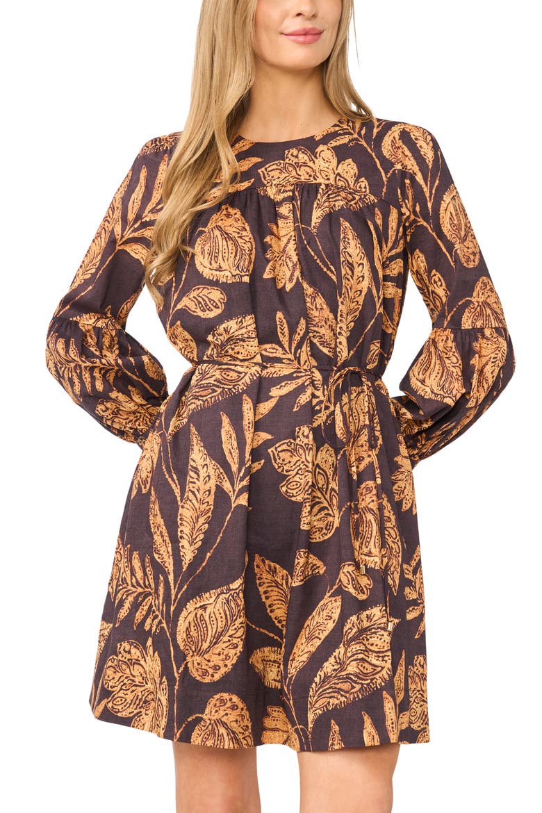 Volume Long Sleeve Tie Waist Cotton Dress, Alternate, color, RUM RAISIN
