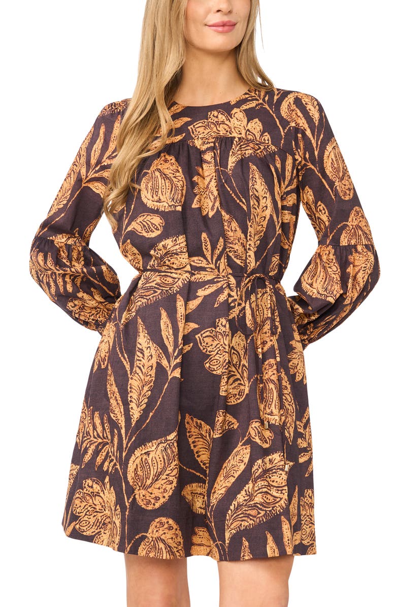 Halogen<sup>®</sup> Volume Long Sleeve Tie Waist Cotton Dress, Alternate, color, Rum Raisin