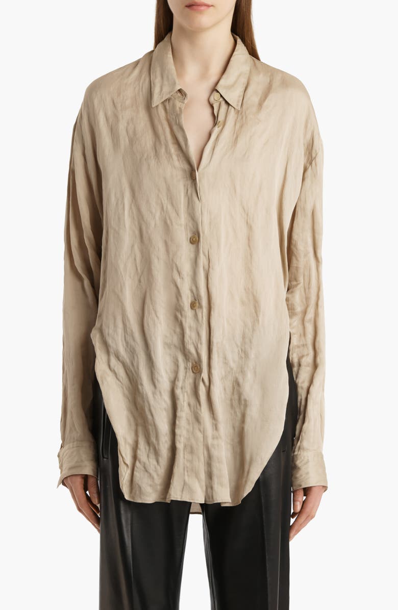 Khaite Goya Relaxed Crinkled Voile Button-Up Shirt, Main, color, Tea Stain
