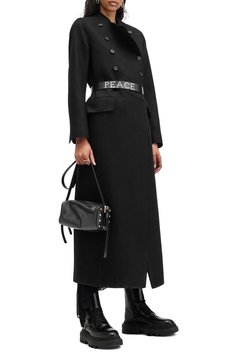 AllSaints Blaize Longline Wool Blend Coat, Alternate, color, Black