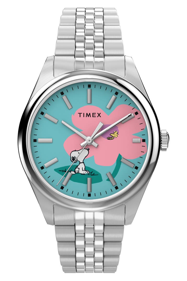 Peanuts® x Timex Legacy Snoopy with Flower Dial 36mm Stainless Steel Bracelet Watch, Main, color, SILVER-TONE