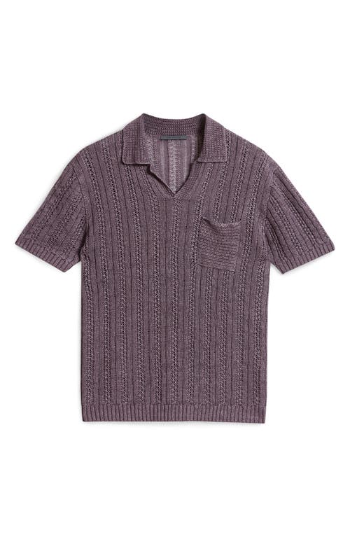 John Varvatos Odin Short Sleeve Textured Linen Johnny Collar Sweater In Plum