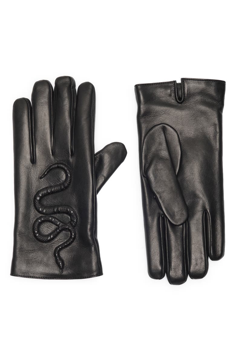 Gucci Snake Embossed Leather Gloves, Main, color, Black