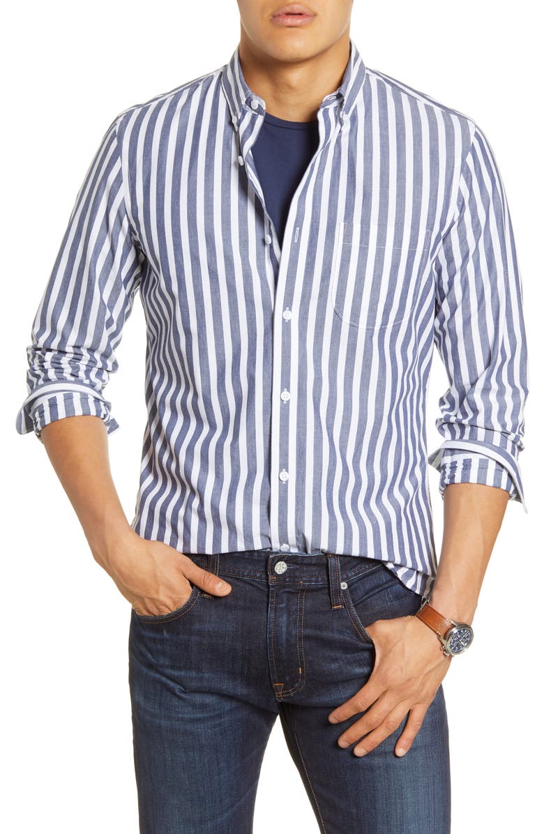 1901 Trim Fit Stripe Button-Down Shirt, Main, color, White- Navy Prep Stp