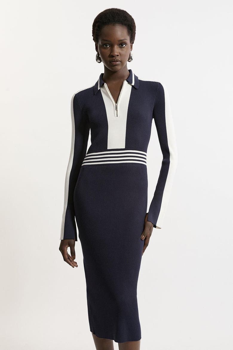 Rib Knit Polo Zip Up Midi Dress, Main, color, Navy