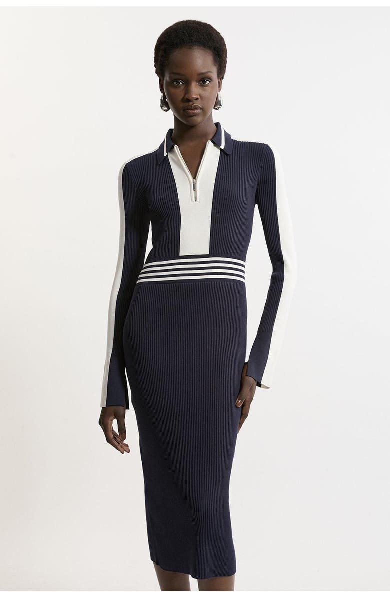 Karen Millen Rib Knit Polo Zip Up Midi Dress, Main, color, Navy