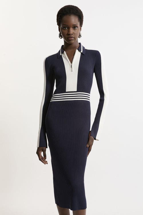 Karen Millen Rib Knit Polo Zip Up Midi Dress In Blue