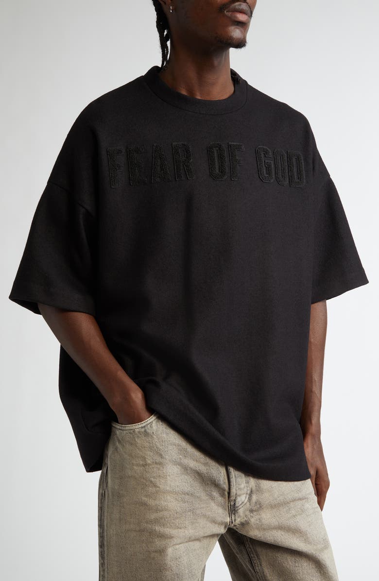 Fear of God Logo Patch Short Sleeve Merino Wool T-Shirt, Main, color, Black