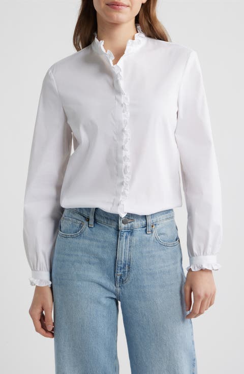 LS BTTN FRT W RUFFLE NK PLKT C