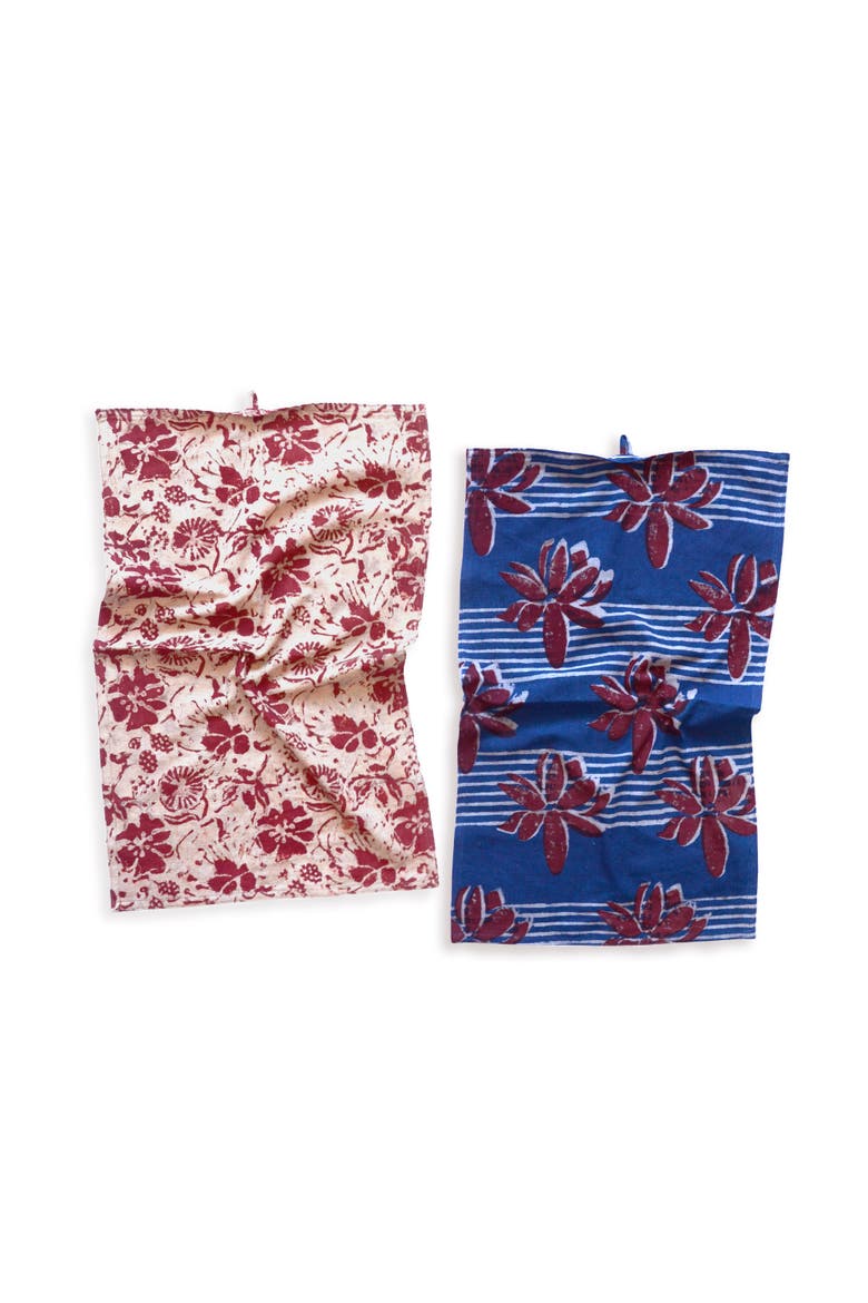 Organic Block Print Tea Towel Set - Bloom & Lotus, Main, color, Bloom & Lotus