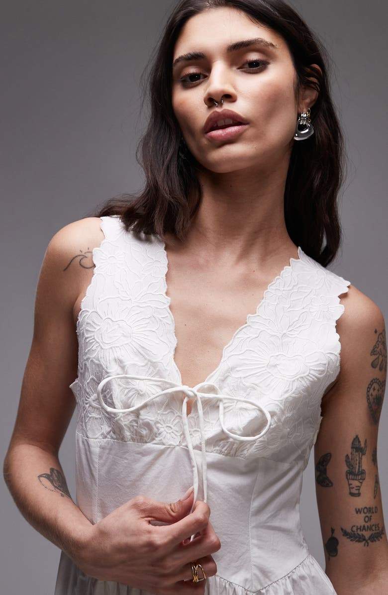 Topshop Embroidered Tie Front Cotton Sundress, Alternate, color, White