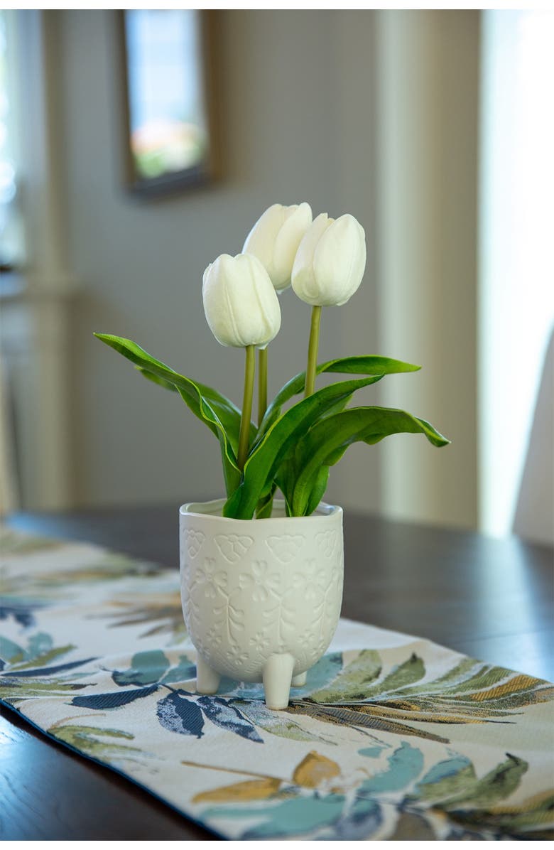 FLORA BUNDA Real-Touch Tulips in 4.5" Lobster Ceramic Footed Pot, Alternate, color, 