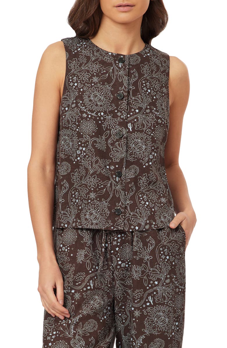 Scotch & Soda Sleeveless Linen Blend Button-Up Shirt, Main, color, Hot Fudge All-Over Bandana